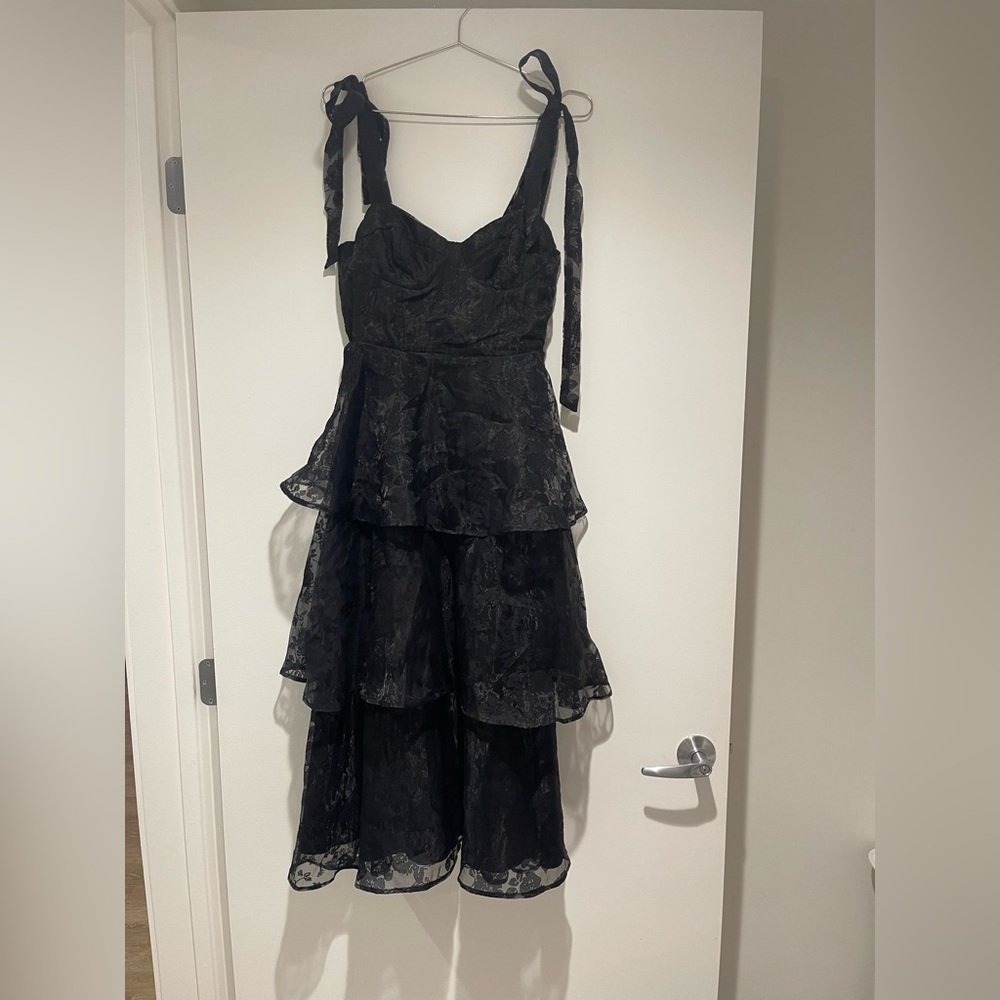Lulu's Glamorous Sweetie Black Burnout Tie-Strap Bustier Midi Dress